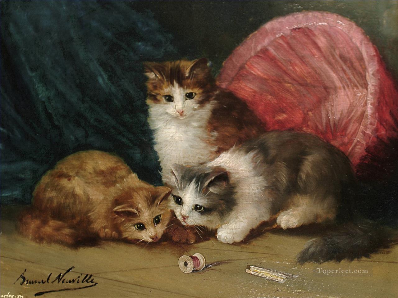 子猫と遊ぶ アルフレッド・ブルネル・ド・ヌーヴィル油絵